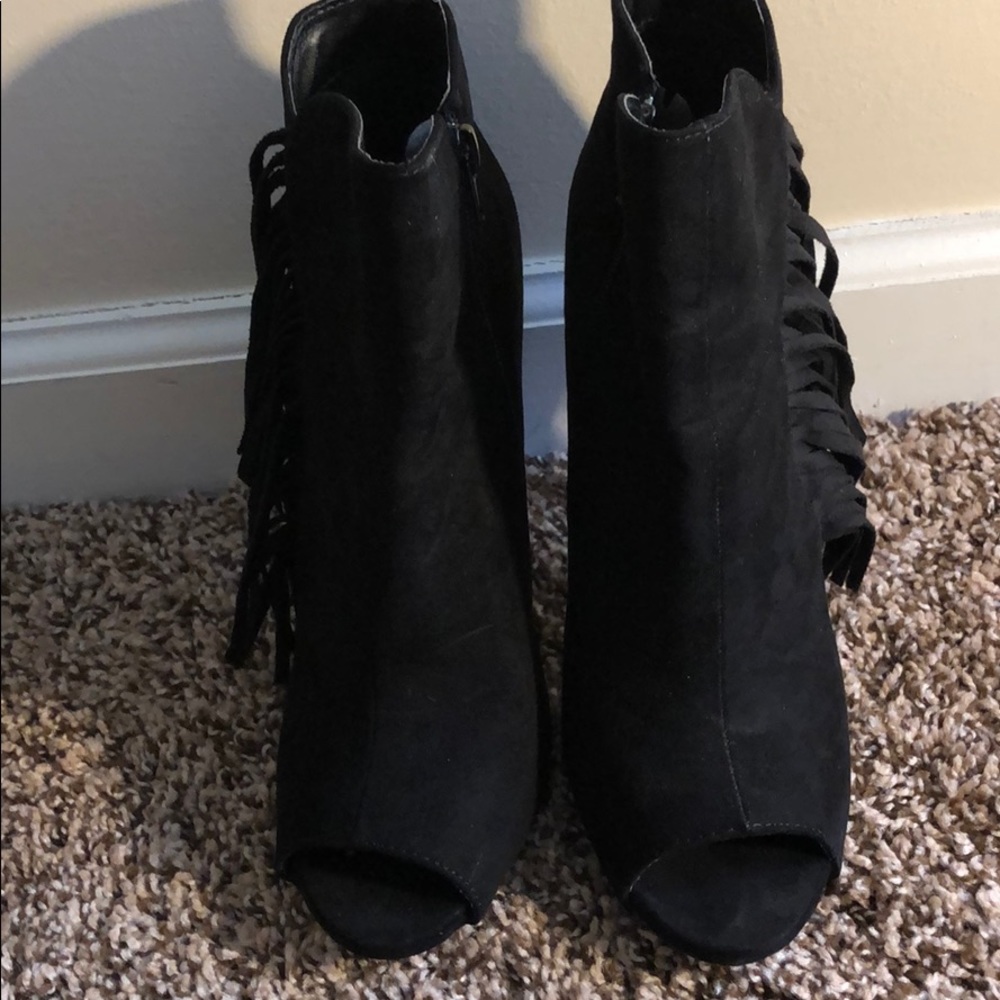 Open toe black suede booties